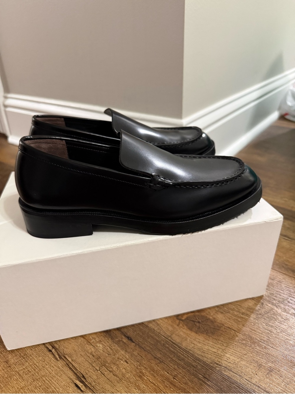 BY FAR Black and Gray Leather Penny Loafers